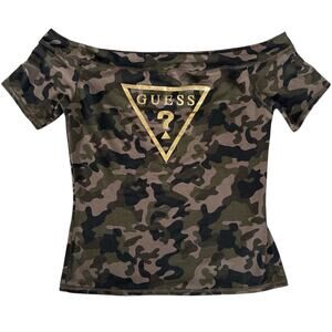 GUESS Camo Off Shoulder Knit Top XL Y2K Style Logo Indie Military Army Green